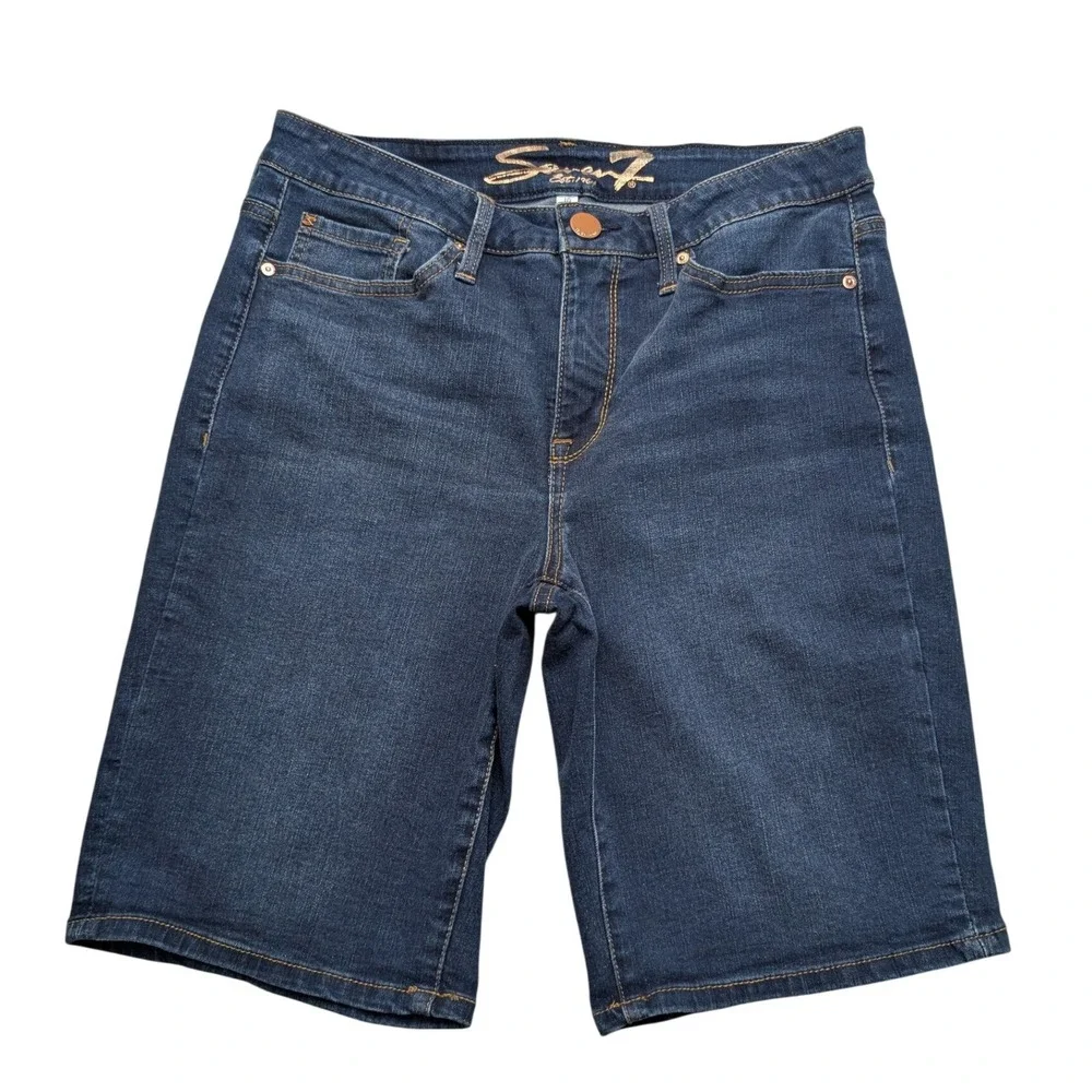 Seven7 Sunset Bermuda Denim Shorts Womens 10 Dark Wash Blue Stretch Mid Rise